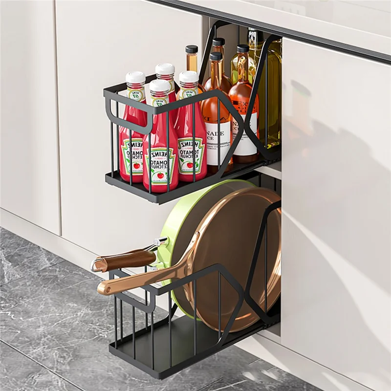 2Pcs Kitchen Drawer Pull-Out Storage Basket X Frame Narrow Space Organizer, Size S + Size L - Black