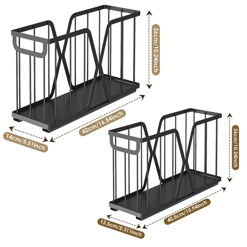 2Pcs Kitchen Drawer Pull-Out Storage Basket X Frame Narrow Space Organizer, Size S + Size L - Black