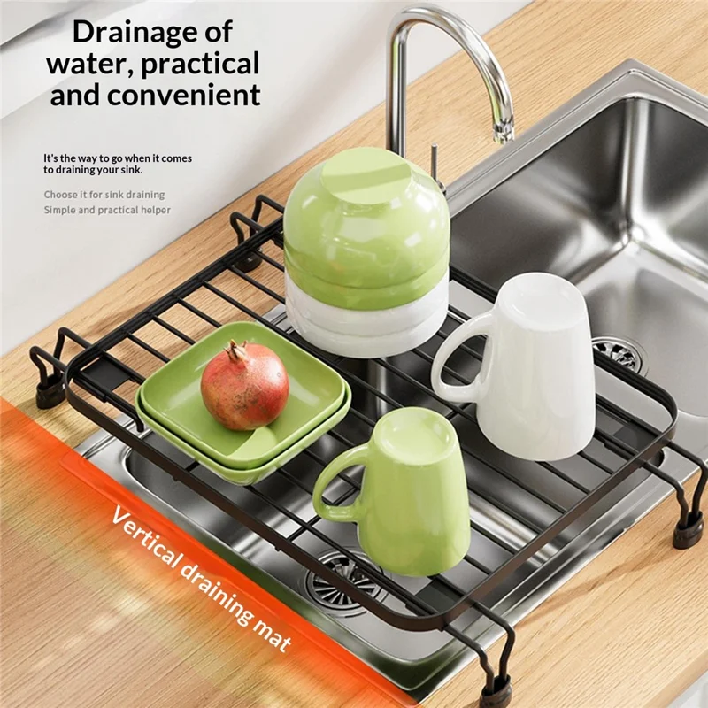 Expandable Over Sink Dish Drying Rack Kitchen Drainer Shelf, One-Way Retractable - Black