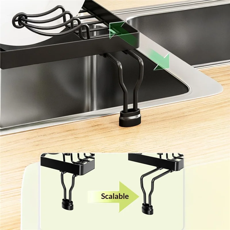 Expandable Over Sink Dish Drying Rack Kitchen Drainer Shelf, One-Way Retractable - Black