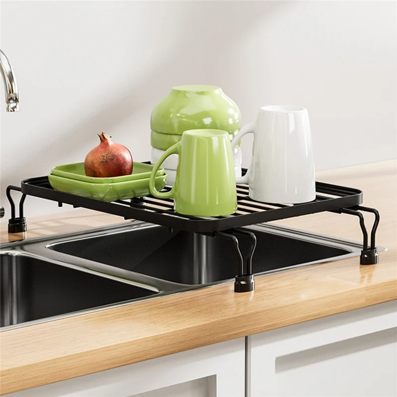 Expandable Over Sink Dish Drying Rack Kitchen Drainer Shelf, One-Way Retractable - Black