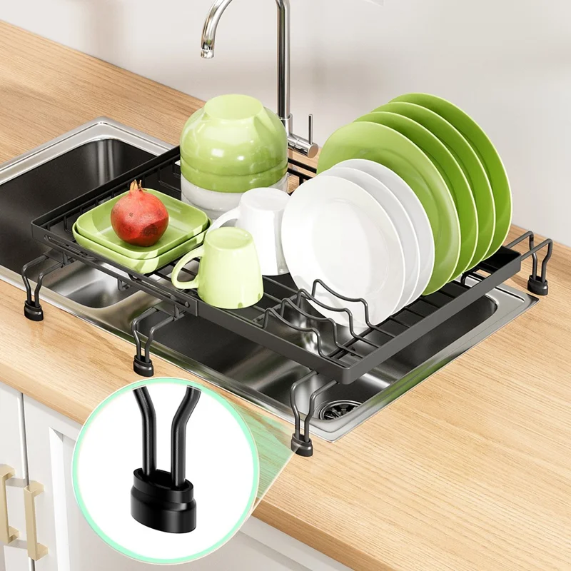 Expandable Over Sink Dish Drying Rack Kitchen Drainer Shelf, Dual-Way Retractable - Black