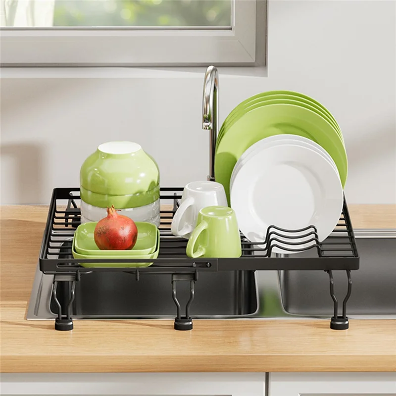 Expandable Over Sink Dish Drying Rack Kitchen Drainer Shelf, Dual-Way Retractable - Black