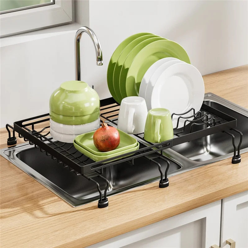 Expandable Over Sink Dish Drying Rack Kitchen Drainer Shelf, Dual-Way Retractable - Black