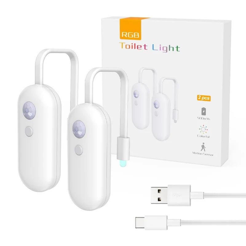 F27 2Pcs Toilet Sensor Light RGB Motion Sensor Night Light for Bathroom Atmosphere Lamp - White
