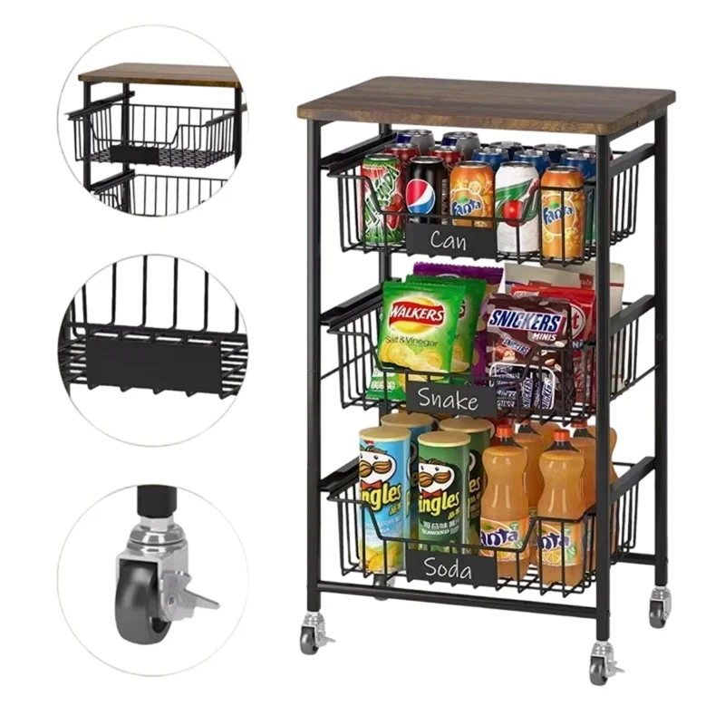 3-уровневая катящаяся кухонная тележка с ящиками, деревянной крышкой, органайзер для хранения, стеллаж для кладовой для дома - черная