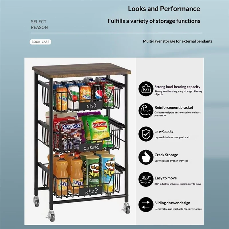 3-уровневая катящаяся кухонная тележка с ящиками, деревянной крышкой, органайзер для хранения, стеллаж для кладовой для дома - черная