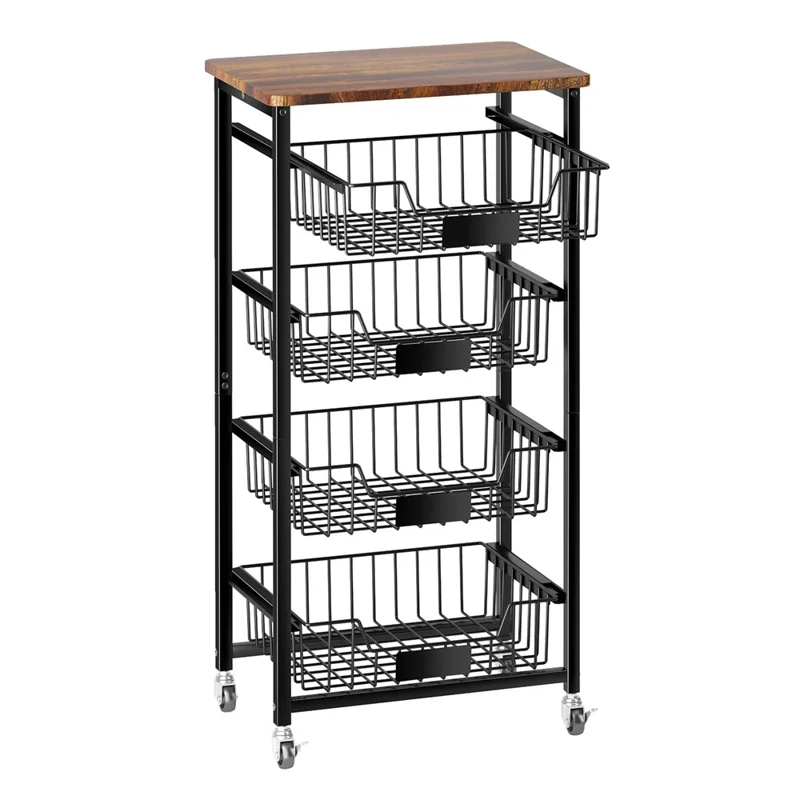 4-уровневая передвижная кухонная тележка с ящиками, деревянная крышка, органайзер для хранения, стеллаж для кладовой для дома - черный