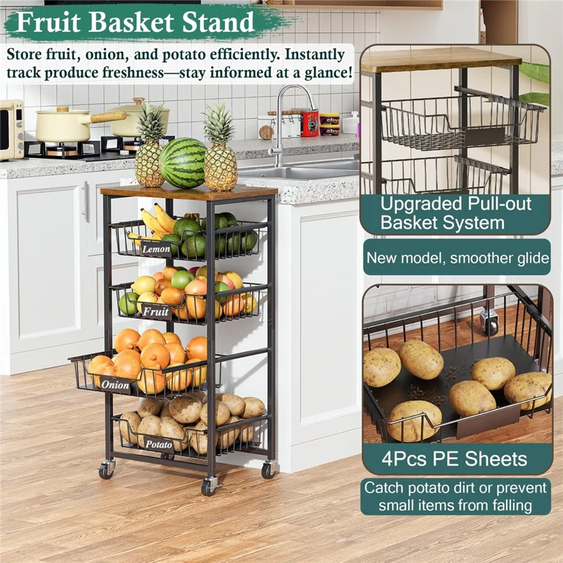 4-уровневая передвижная кухонная тележка с ящиками, деревянная крышка, органайзер для хранения, стеллаж для кладовой для дома - черный