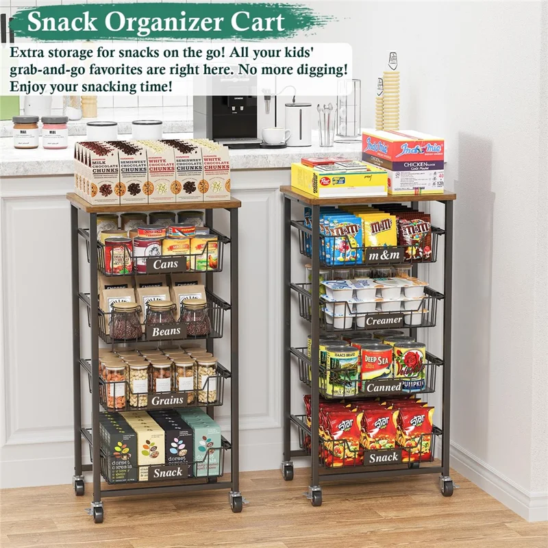 4-уровневая передвижная кухонная тележка с ящиками, деревянная крышка, органайзер для хранения, стеллаж для кладовой для дома - черный