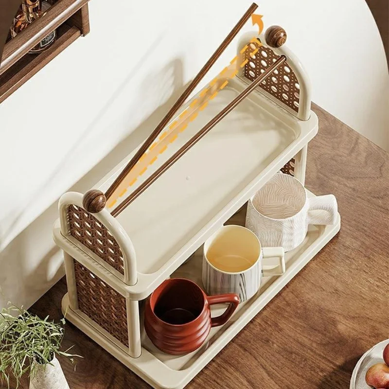 2-уровневая стойка-органайзер для чашек, полка для хранения стаканов, кружек, столовых приборов на стол, в кухню, ванную комнату - белый