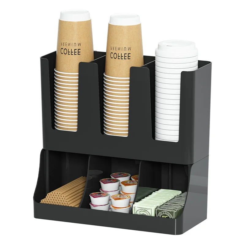 Wall Mount Disposable Cup Dispenser Organizer Storage Rack Coffee Cup Holder with Straw Storage for Coffee Bar Kitchen - Black