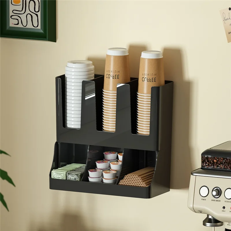 Wall Mount Disposable Cup Dispenser Organizer Storage Rack Coffee Cup Holder with Straw Storage for Coffee Bar Kitchen - Black