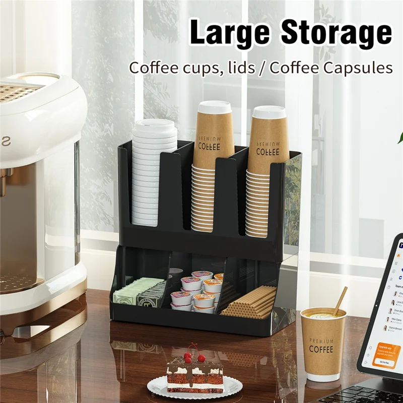 Wall Mount Disposable Cup Dispenser Organizer Storage Rack Coffee Cup Holder with Straw Storage for Coffee Bar Kitchen - Black
