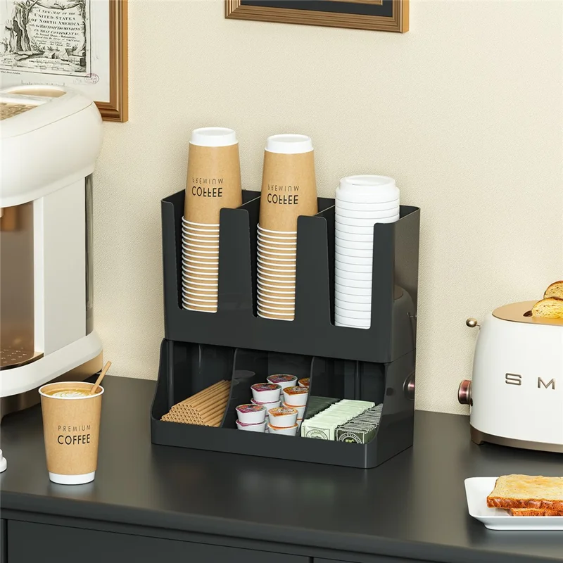 Wall Mount Disposable Cup Dispenser Organizer Storage Rack Coffee Cup Holder with Straw Storage for Coffee Bar Kitchen - Black
