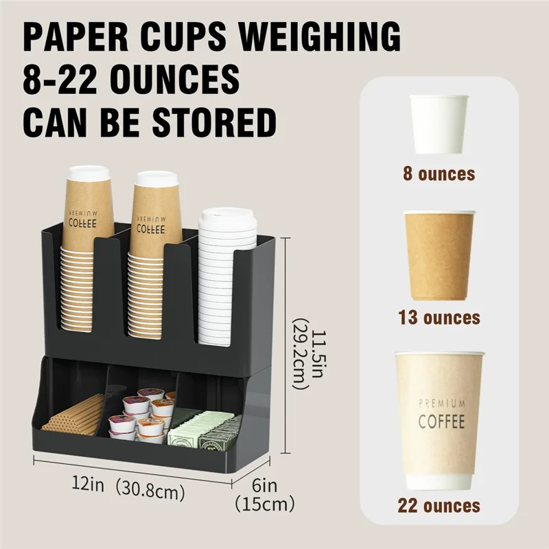 Wall Mount Disposable Cup Dispenser Organizer Storage Rack Coffee Cup Holder with Straw Storage for Coffee Bar Kitchen - Black