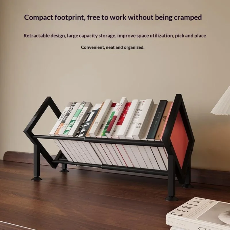 Desktop Adjustable Bookshelf Metal Expandable Book Rack for Office Study Room Organization - Black