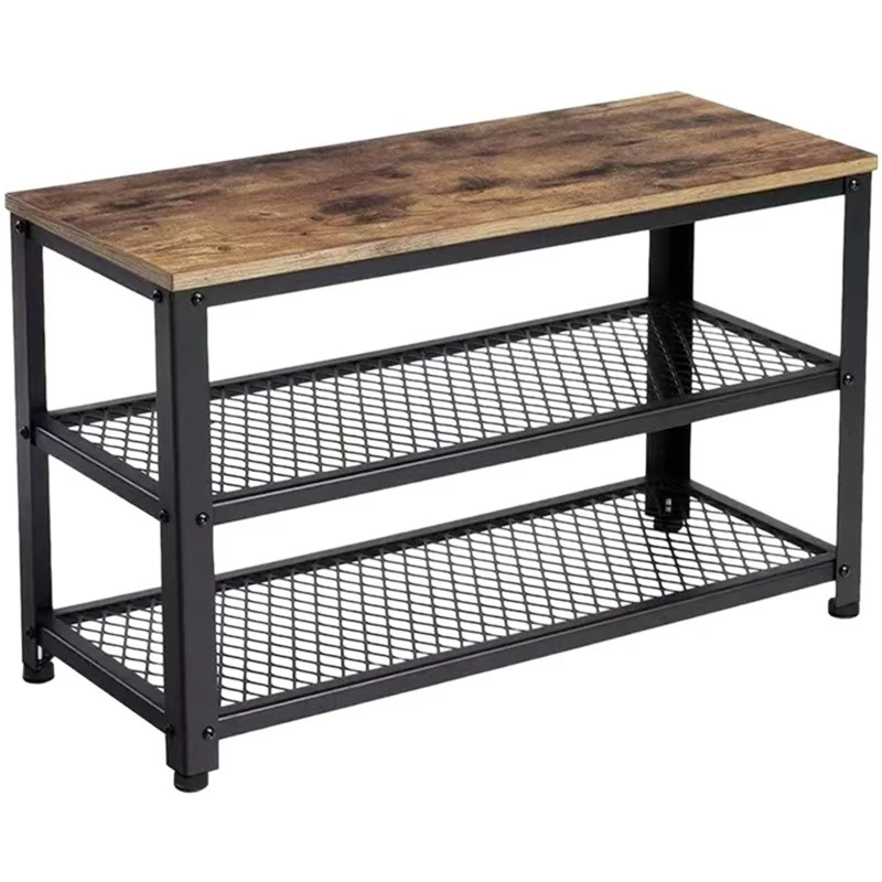 3-Tier Industrial Style Shoe Rack Storage Bench Metal Wire Grid Shelves for Entryway