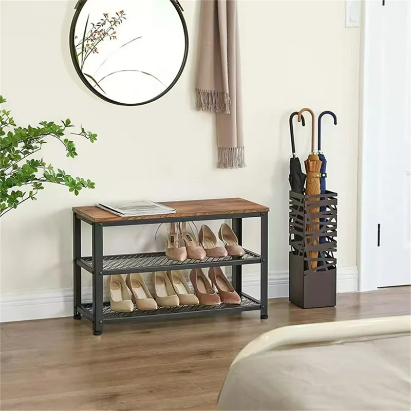 3-Tier Industrial Style Shoe Rack Storage Bench Metal Wire Grid Shelves for Entryway