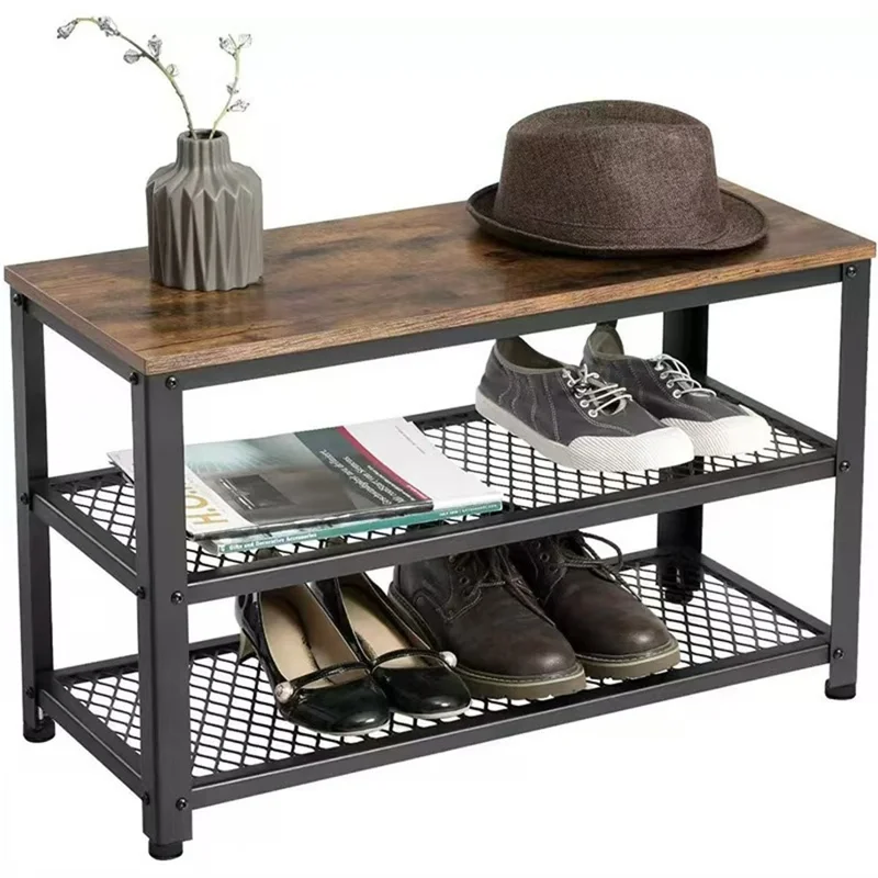 3-Tier Industrial Style Shoe Rack Storage Bench Metal Wire Grid Shelves for Entryway