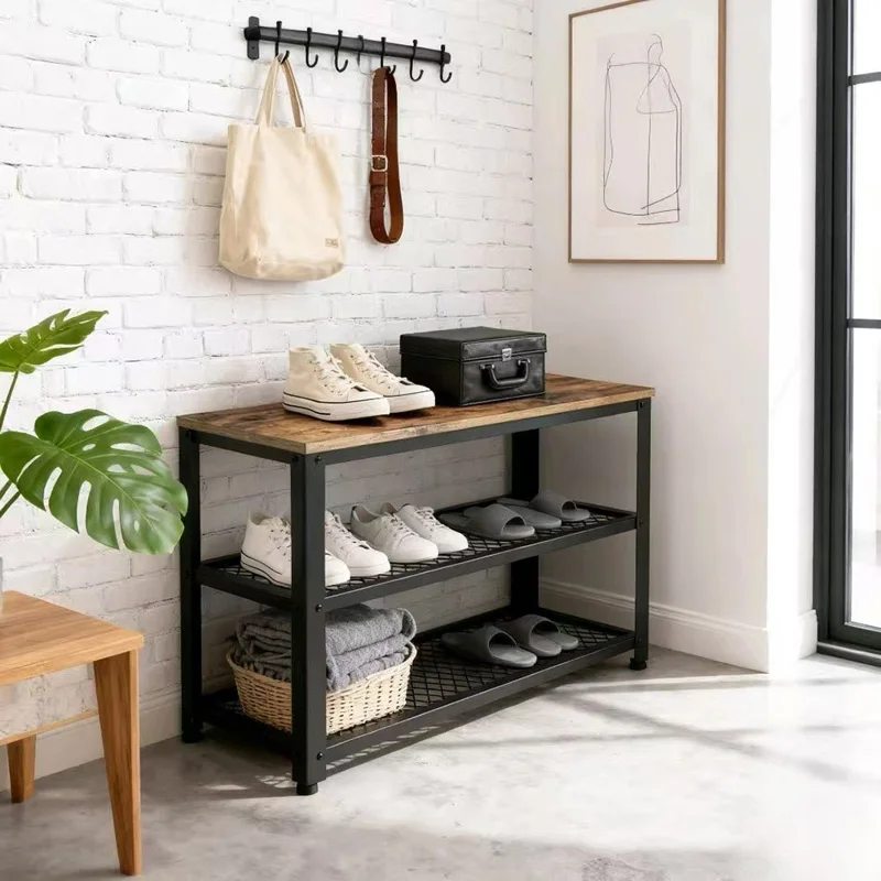 3-Tier Industrial Style Shoe Rack Storage Bench Metal Wire Grid Shelves for Entryway