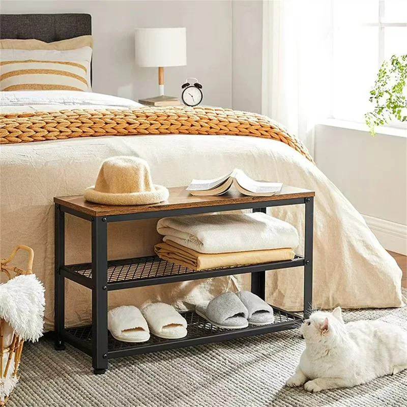 3-Tier Industrial Style Shoe Rack Storage Bench Metal Wire Grid Shelves for Entryway