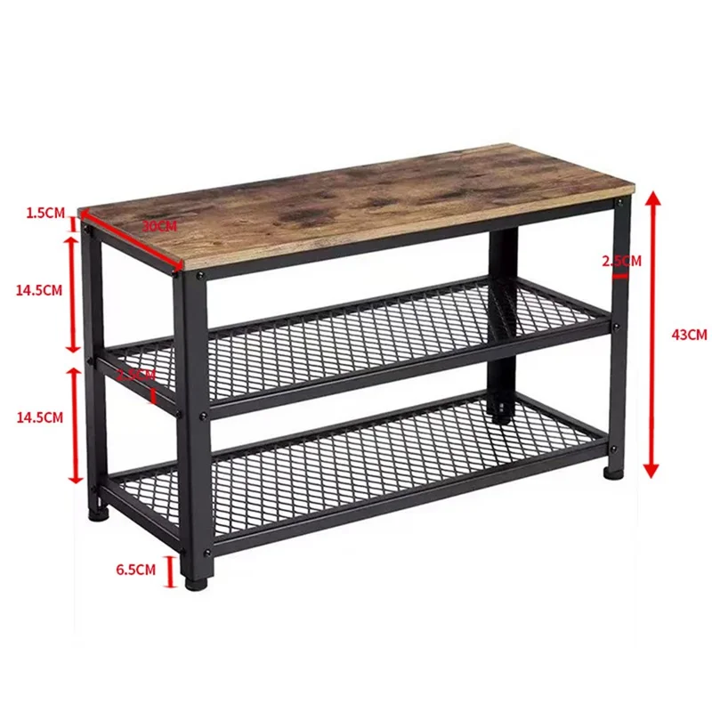 3-Tier Industrial Style Shoe Rack Storage Bench Metal Wire Grid Shelves for Entryway