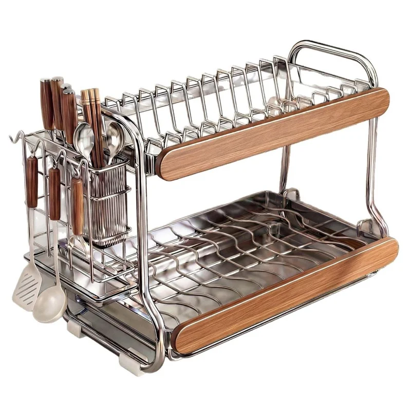 2-Tier Stainless Steel Dish Drying Rack Dish Drainer Bowl Kitchen Organizer with Cutlery Chopstick Holder