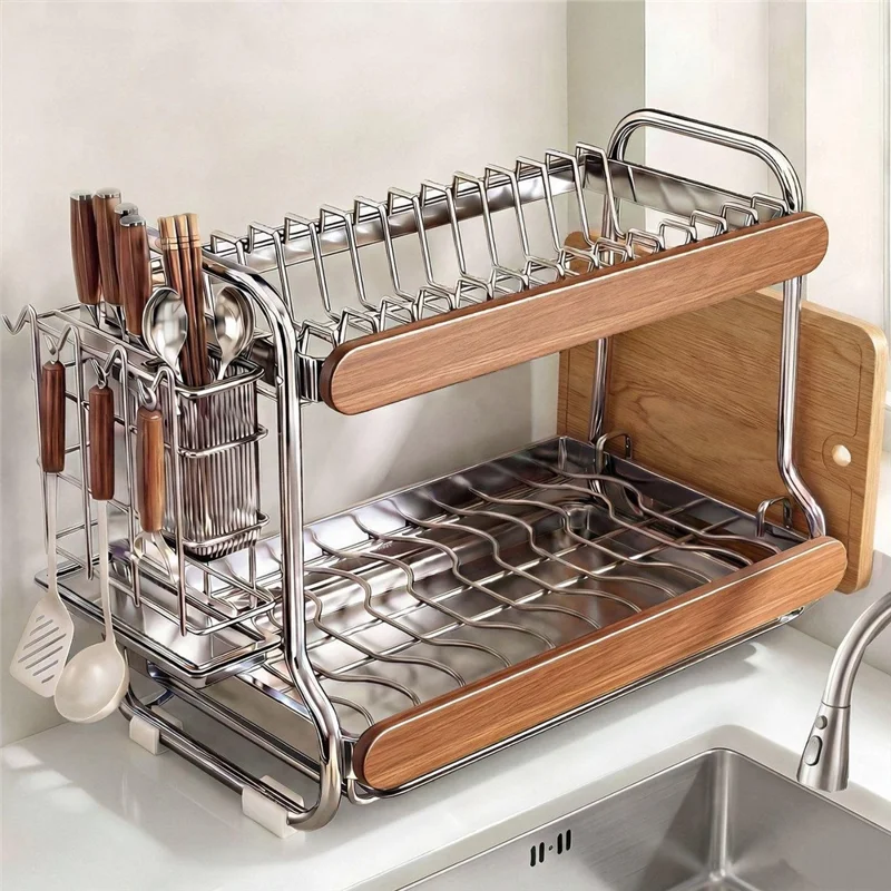 2-Tier Stainless Steel Dish Drying Rack Dish Drainer Bowl Kitchen Organizer with Cutlery Chopstick Holder