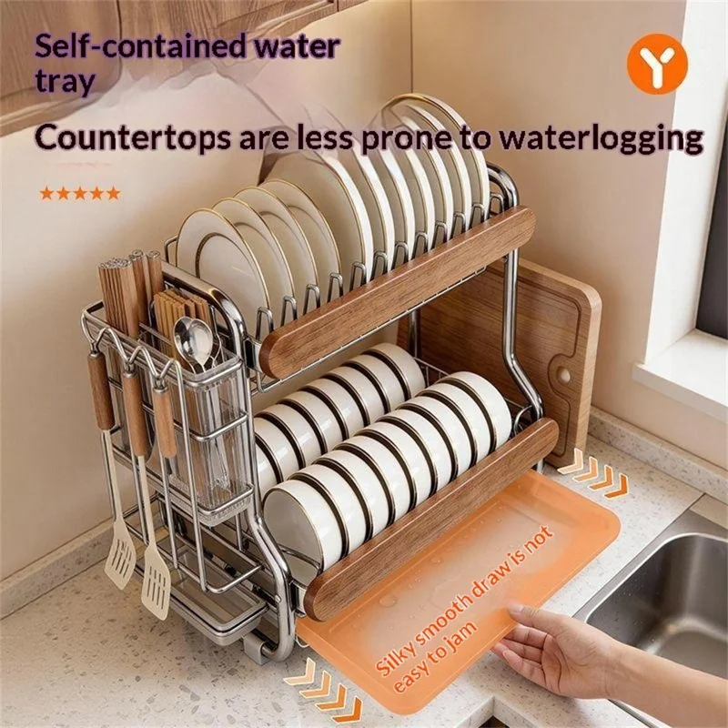 2-Tier Stainless Steel Dish Drying Rack Dish Drainer Bowl Kitchen Organizer with Cutlery Chopstick Holder