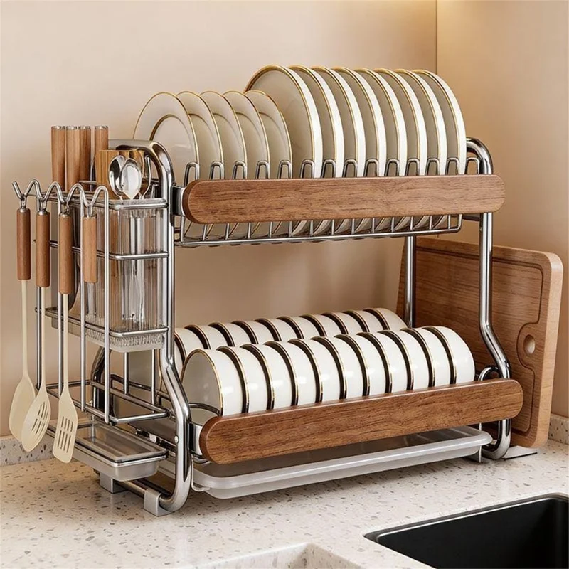 2-Tier Stainless Steel Dish Drying Rack Dish Drainer Bowl Kitchen Organizer with Cutlery Chopstick Holder