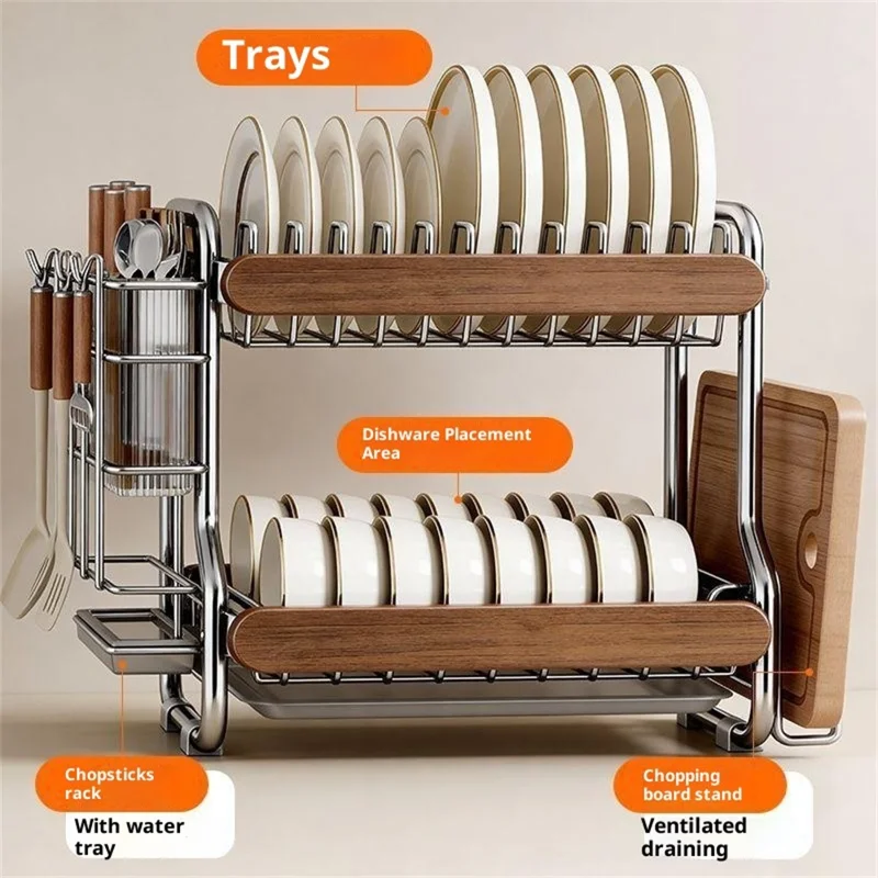 2-Tier Stainless Steel Dish Drying Rack Dish Drainer Bowl Kitchen Organizer with Cutlery Chopstick Holder