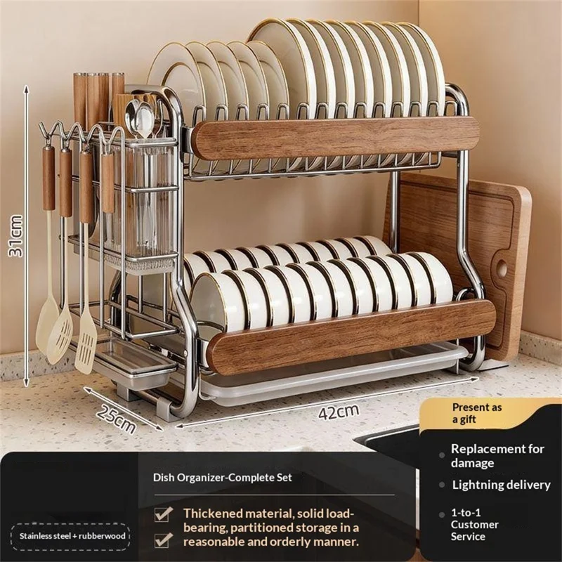2-Tier Stainless Steel Dish Drying Rack Dish Drainer Bowl Kitchen Organizer with Cutlery Chopstick Holder