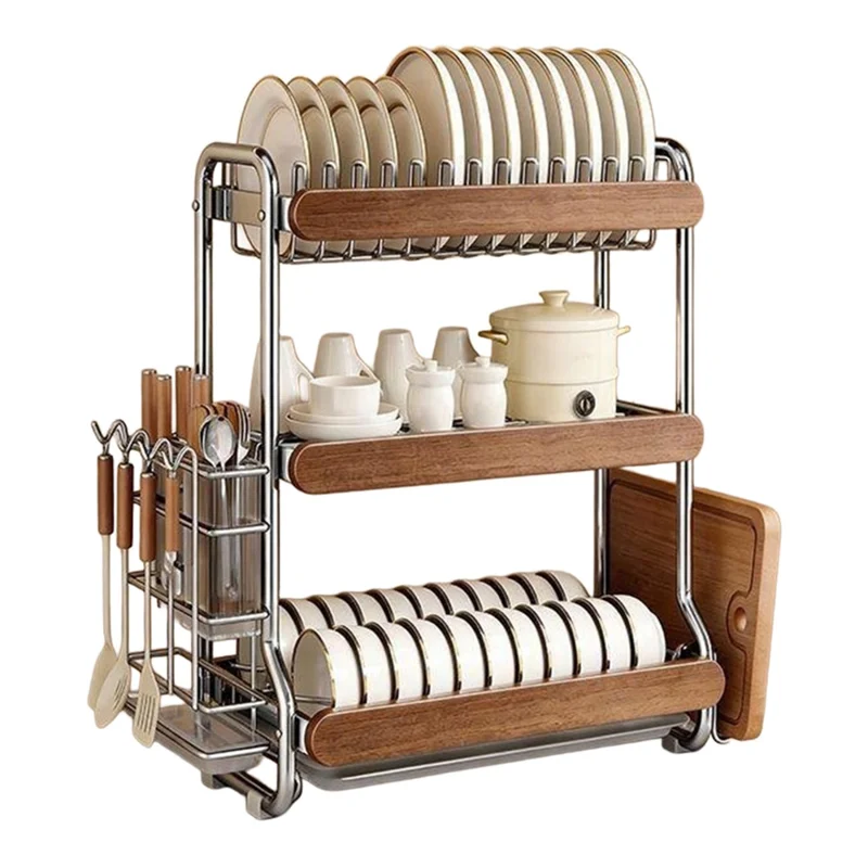 3-Tier Stainless Steel Dish Drying Rack Dish Drainer Bowl Kitchen Organizer with Chopstick Cutlery Holder Cutting Board Rack