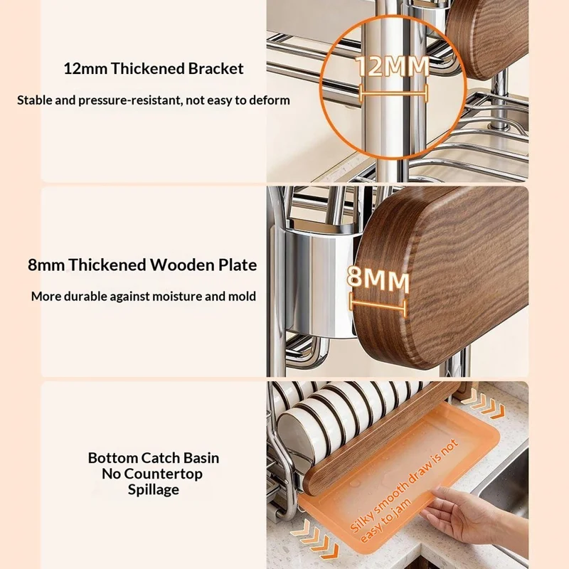 3-Tier Stainless Steel Dish Drying Rack Dish Drainer Bowl Kitchen Organizer with Chopstick Cutlery Holder Cutting Board Rack