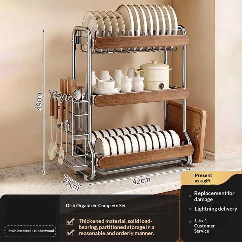 3-Tier Stainless Steel Dish Drying Rack Dish Drainer Bowl Kitchen Organizer with Chopstick Cutlery Holder Cutting Board Rack