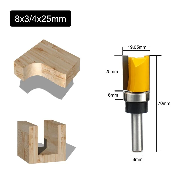 MC03007-8mm Shank 4pcs / Definir Modelo de Acabamento Mortização de Dobradiça Bit Bit Woodworking Straight End Mill Trimmer Flush Cutter Cutter