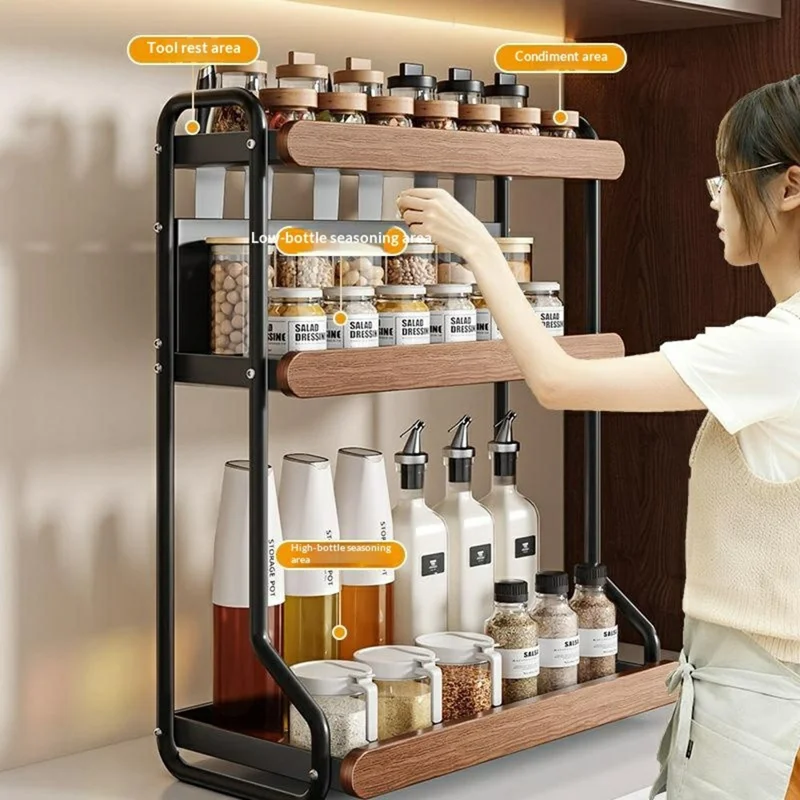 3-Tier 44x21x57cm Round Tube Kitchen Spice Rack with Knife Holder Carbon Steel Solid Wood Countertop Storage Organizer for Seasoning Bottles