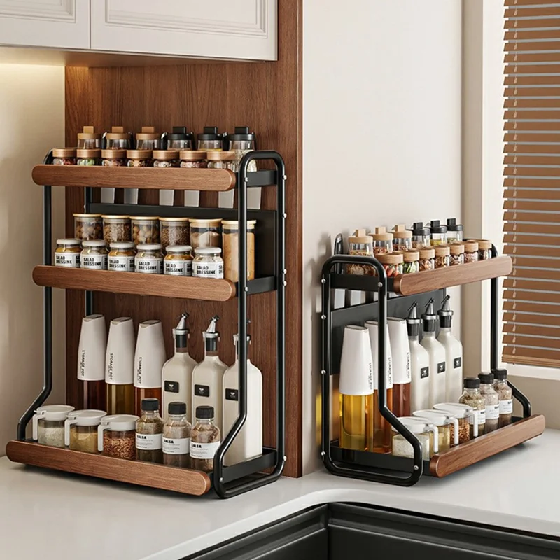 3-Tier 44x21x57cm Round Tube Kitchen Spice Rack with Knife Holder Carbon Steel Solid Wood Countertop Storage Organizer for Seasoning Bottles