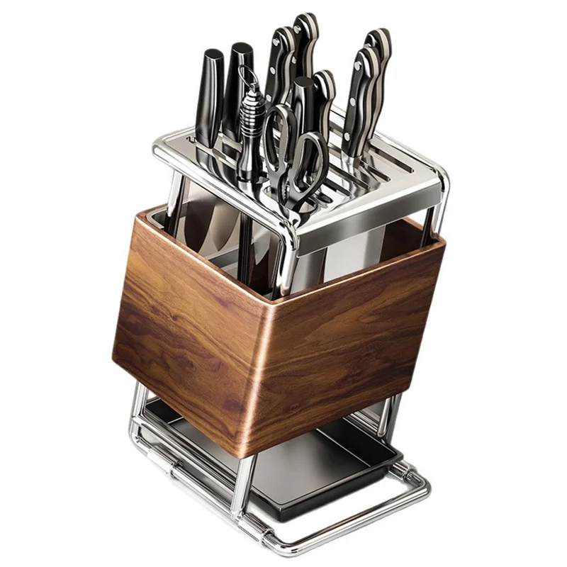 Kitchen Knife Block Holder Multifunctional Cutlery Storage Rack Kitchen Accessories with Drip Tray