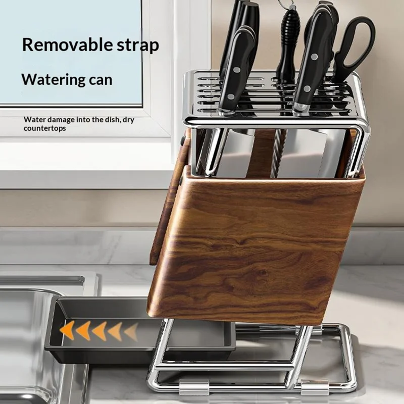 Kitchen Knife Block Holder Multifunctional Cutlery Storage Rack Kitchen Accessories with Drip Tray