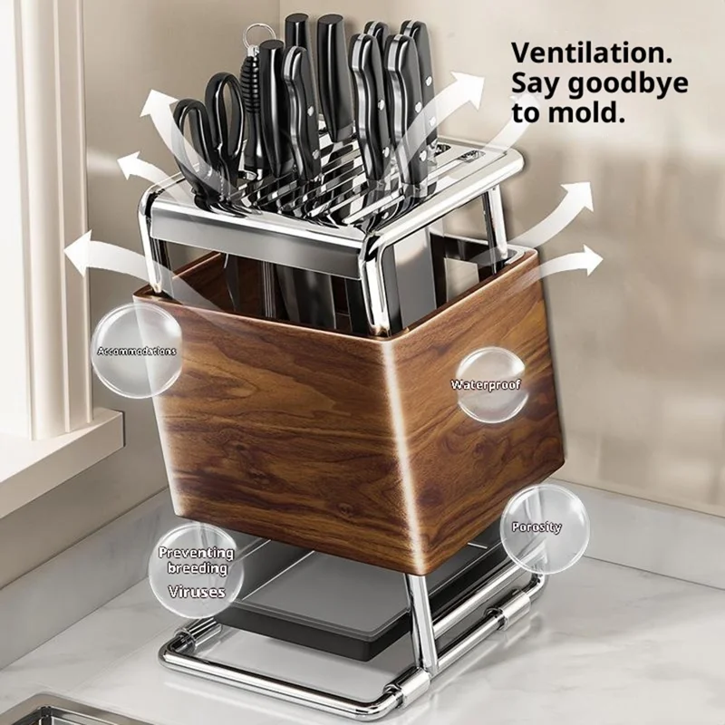Kitchen Knife Block Holder Multifunctional Cutlery Storage Rack Kitchen Accessories with Drip Tray