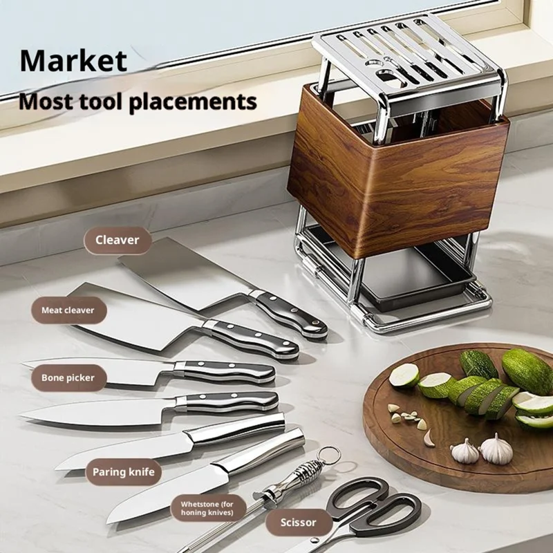 Kitchen Knife Block Holder Multifunctional Cutlery Storage Rack Kitchen Accessories with Drip Tray