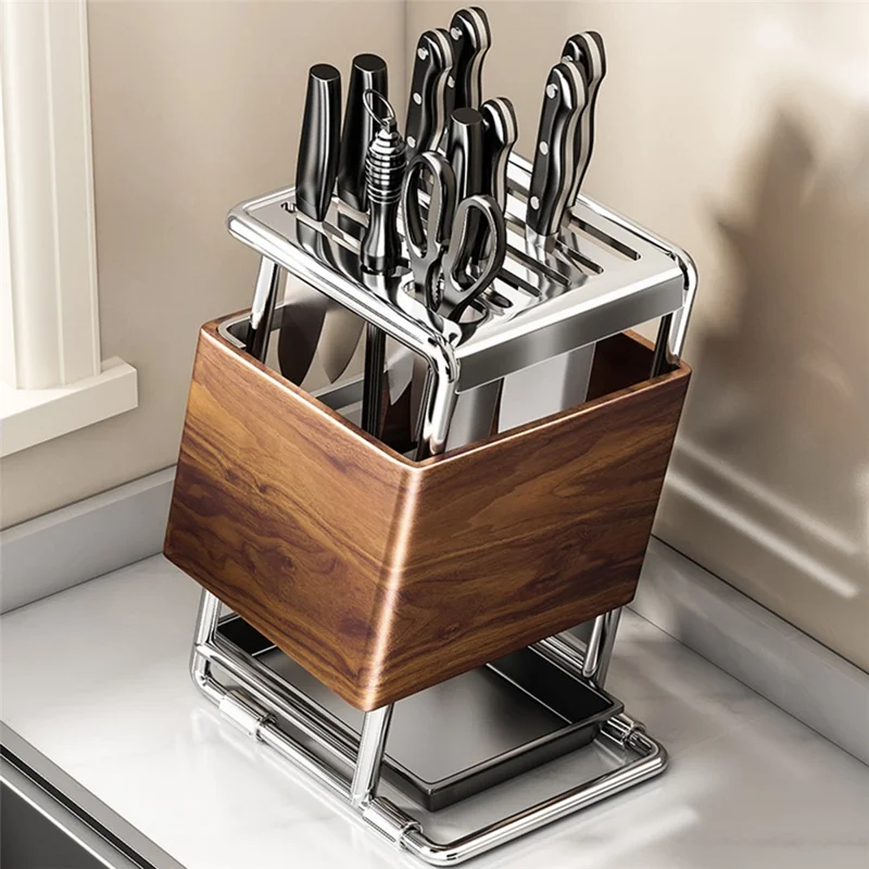 Kitchen Knife Block Holder Multifunctional Cutlery Storage Rack Kitchen Accessories with Drip Tray
