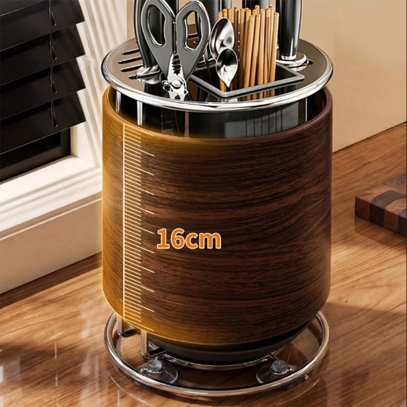 360 Degree Rotating Wood Grain Knife Block Kitchen Utensil Holder 8 Slot Multifunctional Storage Rack with Suction Base