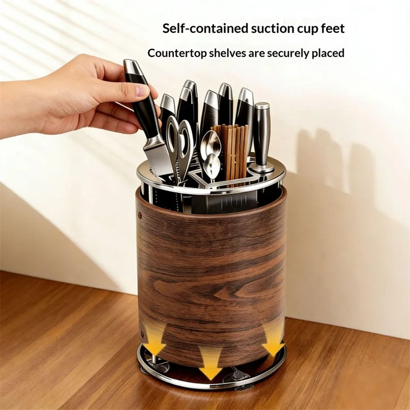 360 Degree Rotating Wood Grain Knife Block Kitchen Utensil Holder 8 Slot Multifunctional Storage Rack with Suction Base