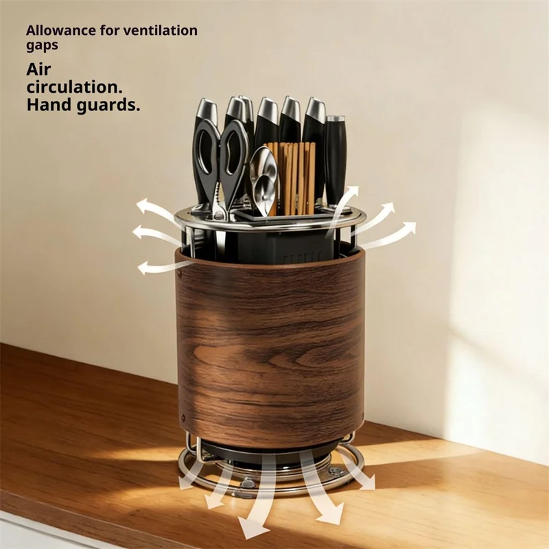 360 Degree Rotating Wood Grain Knife Block Kitchen Utensil Holder 8 Slot Multifunctional Storage Rack with Suction Base