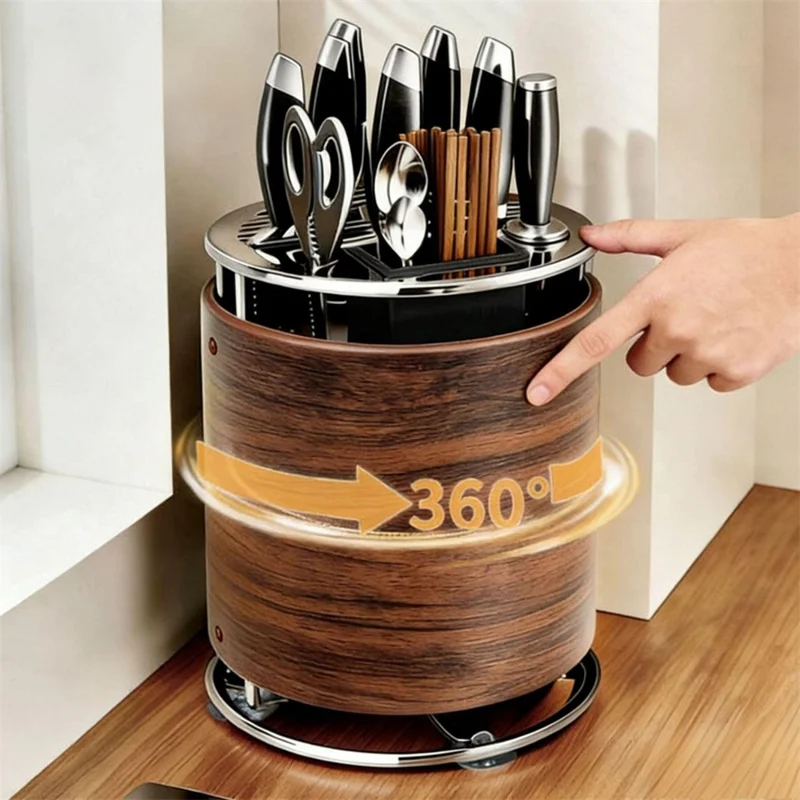 360 Degree Rotating Wood Grain Knife Block Kitchen Utensil Holder 8 Slot Multifunctional Storage Rack with Suction Base