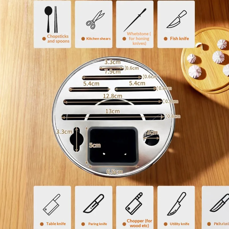 360 Degree Rotating Wood Grain Knife Block Kitchen Utensil Holder 8 Slot Multifunctional Storage Rack with Suction Base