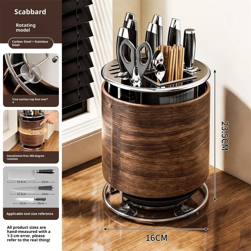 360 Degree Rotating Wood Grain Knife Block Kitchen Utensil Holder 8 Slot Multifunctional Storage Rack with Suction Base